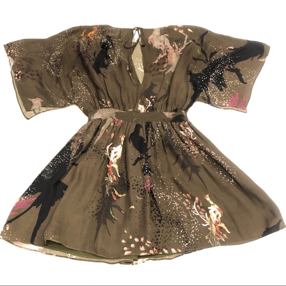 Green Peacock 100% Silk Dress Fit Flare Open Back - Picture 5 of 7